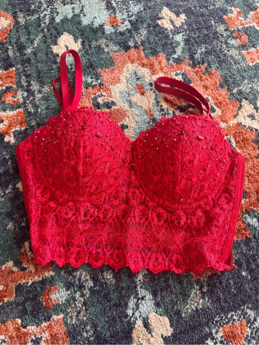 Windsor Red Lace Beaded Longline Bra